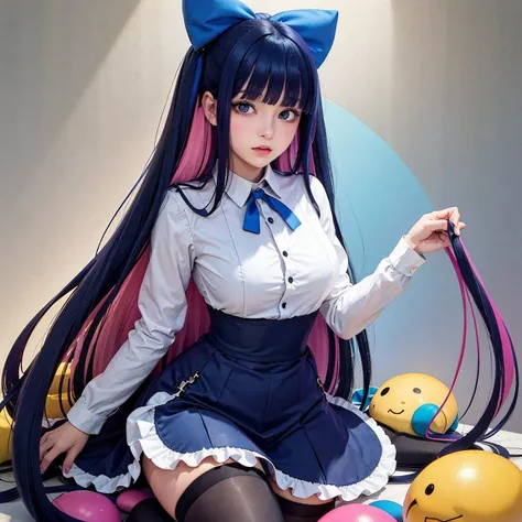 1girl, solo, <lora:ArtraccooneeStockingAnarchy_ArtraccooneeStocking:0.45> stocking_anarchy, stocking_\(psg\), (black pantyhose, blue pantyhose, blue ribbon, blunt bangs, bow, collared shirt, colored inner hair, hair bow, juliet sleeves, long hair, long sleeves, multicolored hair, neck ribbon, pantyhose, pink hair, puffy sleeves, ribbon, shirt, two-tone hair:0.8)