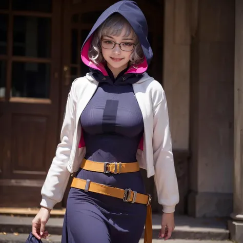 smile, waist, hip, beauty512, UHD, natural lighting, fantasy realism, real hair, presentable, pulchritudinous, cute, lovely, adored, first love, solo 1girl, solo, <lora:FGOMolay2:0.8> Foreigner1, hooded long dress with jacket, glasses,,