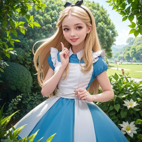 smile, waist, hip, beauty512, UHD, natural lighting, fantasy realism, real hair, presentable, pulchritudinous, cute, lovely, adored, first love, solo 1girl, solo, <lora:aliceInWonderlandBy_v10:0.85:MIDD> AliceWonderlandWaifu, dress,,