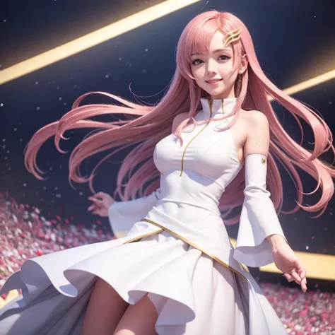 smile, looking at viewer, waist, hip, 1girl, solo, <lora:lacusClyneGUNDAMSEED_v1:0.45:MIDD> lacus clyne, pink hair, straight hair, hair ornament, white detached sleeves, blue eyes, white dress, purple skirt, long skirt, very long hair, bare shoulders, large breasts