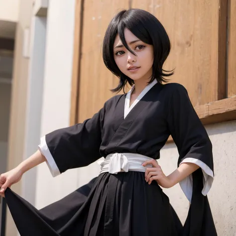 smile, looking at viewer, waist, hip, 1girl, solo, <lora:bleachRukia_v10:1> kuchiki rukia, japanese clothes, hakama pants, black kimono, sash, black hair, hair between eyes,