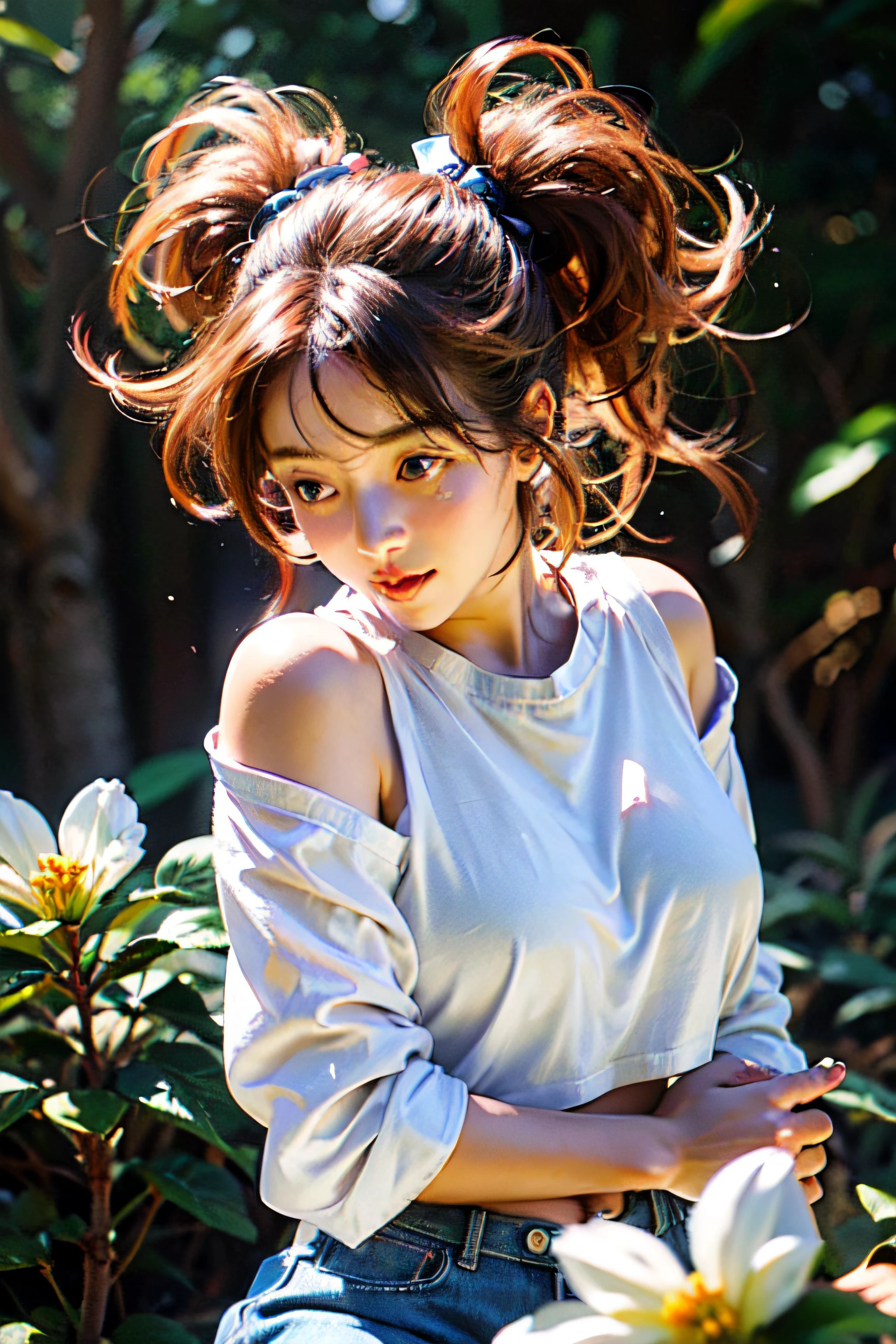 (photo realistic:1.4), (hyper realistic:1.4), (realistic:1.3), <lora:filmgrain:0.4>,
(smoother lighting:1.05), (increase cinematic lighting quality:0.9), 32K,
1girl,20yo girl,
realistic lighting, backlighting, light on face, ray trace, (volumetric light), (brightening light:1.2), (Increase quality:1.4), rim lights,
(best quality real texture skin), finely detailed eyes, finely detailed face, ((eyes on viewer)), (very big smile)
(loose transparent white open-shoulder blouse), (visible bumpy bras contour underneath blouse), strapless, crop top, medium breasts, very tight very short denim pants, <lora:add_detail_v5:0.3>,
(Increase body line mood:1.1), shiny skin, (half body shot), (beautiful eyes), funny teasing face, pout lips,
<lora:sd-No.184-000014:0.65>,((very drunk eyes)), ((drunken red face)),
dynamic dancing pose, <lora:2023-05-20_160342:0.35>, jump,
<lora:FenW:0.3>, (beautiful colorful rural flower field background), full of flowers background