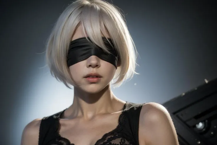 1girl, solo, <lora:2bNierAutomata_1:0.9:MIDD> yorha no. 2 type b, blindfold, black dress, white hair, best quality,beautiful,4K,f/1.6,fractal art