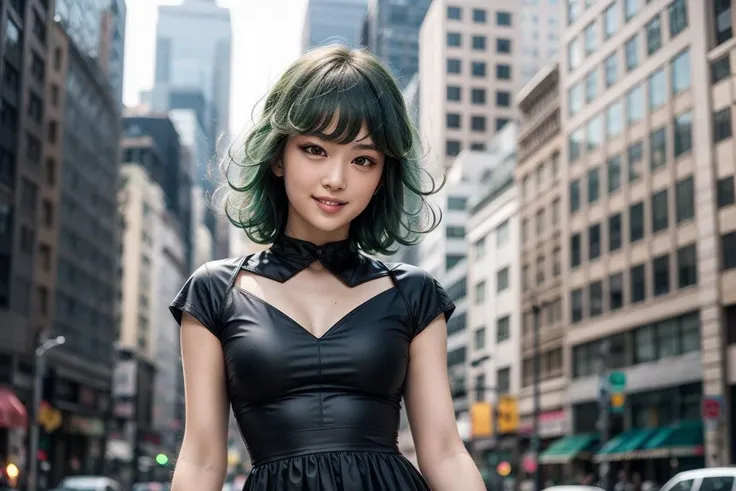 smile,waist,hip,1girl, solo, <lora:tatsumakiTerribleTornado_v01:1> tatsumaki, black dress, green hair,