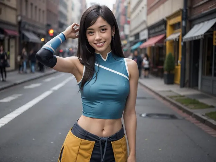smile,waist,hip,1girl, solo, <lora:KorraV2:1> korra, dark skin,