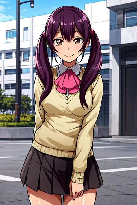 masterpiece, best quality, detailed face, detailed eyes, <lora:HUDaniela:0.5>, HUDaniela, purple hair, brown eyes, medium breasts, skirt, sweater, twintails, smile, ascot, standing, school, outdoors,