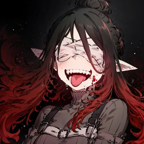 <lora:Lucia-v1:1>, lucia, smile, open mouth, hair between eyes, upper body, teeth, fangs, bound, facing viewer, harness, tongue out, saliva, blood, scar, ((sexy))