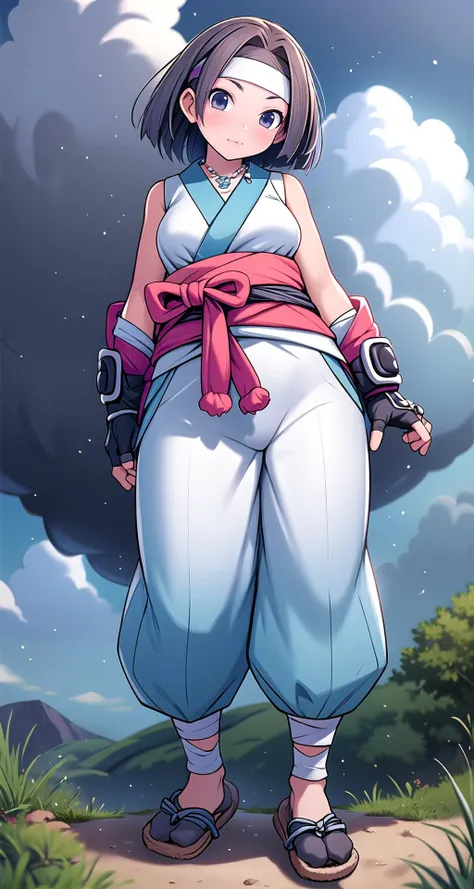 (masterpiece,intricate details),1girl,mature female,easygoing _face, BREAK <lora:Yukimaru-10:0.7>,YukGear, magatama necklace, fingerless gloves, headband ,japanese clothes, ((standing on the __BG2__)),((cumulonimbus)),((full body)),from below:1.4,depth of field,looking at viewer,