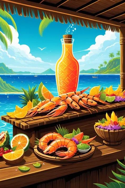 concept art the aroma of grilled seafood and tropical fruits wafting from the tiki bar, a culinary delight with a seaside view, flavorful, tantalizing, delicious . digital artwork, vector, bright colors, bold outlines, illustrative, highly detailed <lora:Flat_Vector_XL:1>
