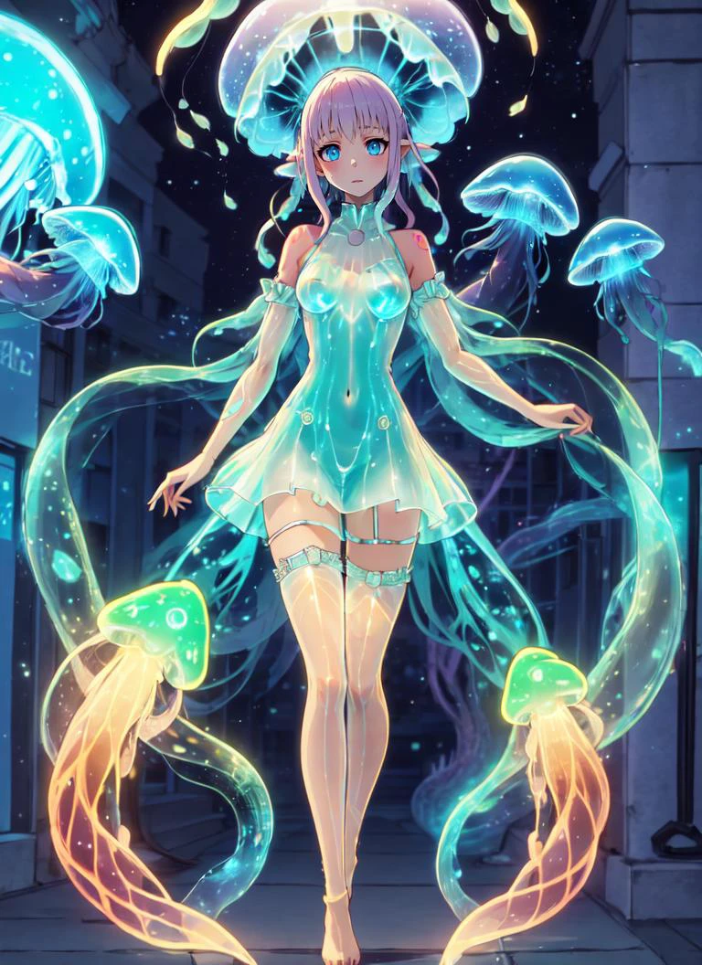 ((best quality)), ((highly detailed)), masterpiece, absurdres, extremely detailed face, beautiful face, (detailed eyes, deep eyes), (1girl), (glasses), full body, ((bridal garter)), (((jellyfish girl))), jellyfish tentacles, (((monster girl))), <lora:ColoredSkin:.4>, colored skin, (aqua colored skin), (((tentacle hair))), (colorful hair), (internal glow), bioluminescent, (((transparent skin:1.5))), ((translucent hair)), ((tentacle legs)), medium breasts, <lora:bioluminescent_dress:.7>, bioluminescent dress, <lora:EraseGroinSkirt:1>, barefoot, underwater, (colorful tattoos), (outside, <lora:school_outdoors_v0.2:1>, at a school, building, twilight, shooting star), <lora:bleach-eater:.9>