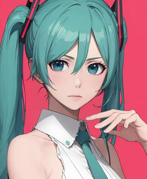 (masterpiece: 1.1), (best quality: 1.1), (absurdres: 1.1), (detailed: 1.1), (ultra-detailed: 1.3), hatsune miku, upper body, solo, <lora:bleach-eater-09:0.8>