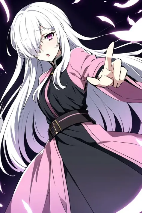 <lora:Bungo_Stray_Dogs_anime_style:0.8>, 1girl, solo, female focus, hair over right eye, white hair, pink eyes, :o, long hair, hair over one eye, dynamic angle, pose, <lora:mekakure_right_v100:0.75>