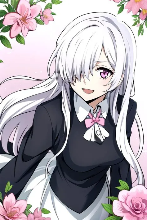 <lora:Bungo_Stray_Dogs_anime_style:0.8>, 1girl, solo, female focus, hair over right eye, white hair, pink eyes, :D, long hair, hair over one eye, dynamic angle, pose, flowers, pastel colors, <lora:mekakure_right_v100:0.75>