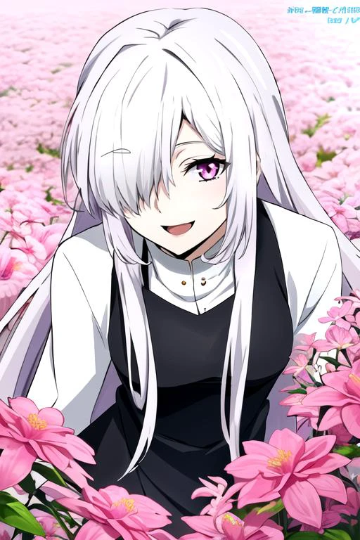 <lora:Bungo_Stray_Dogs_anime_style:0.8>, 1girl, solo, female focus, hair over right eye, white hair, pink eyes, :D, long hair, hair over one eye, dynamic angle, pose, flowers, pastel colors, <lora:mekakure_right_v100:0.75>