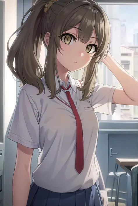 riofutaba, <lora:rio futaba s1-lora-nochekaiser:1>,
rio futaba, long hair, brown hair, (brown eyes:1.5),
BREAK shirt, hair ornament, school uniform, white shirt, ponytail, short sleeves, necktie, scrunchie, red necktie, hair scrunchie,
BREAK indoors, classroom,
BREAK looking at viewer, (cowboy shot:1.5),
BREAK <lyco:GoodHands-beta2:1>, (masterpiece:1.2), best quality, high resolution, unity 8k wallpaper, (illustration:0.8), (beautiful detailed eyes:1.6), extremely detailed face, perfect lighting, extremely detailed CG, (perfect hands, perfect anatomy),