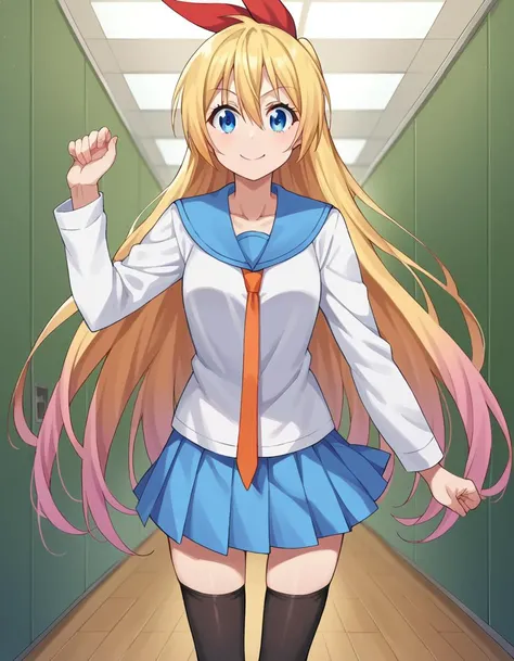 score_9, score_8_up, score_7_up, source_anime,
chitogekirisaki, <lora:chitoge-kirisaki-ponyxl-lora-nochekaiser:1>,
chitoge kirisaki, long hair, blue eyes, blonde hair, ribbon, hair between eyes, very long hair, hair ribbon, multicolored hair, red ribbon, gradient hair, smile,
skirt, shirt, thighhighs, school uniform, collarbone, white shirt, pleated skirt, necktie, serafuku, sailor collar, red ribbon, blue skirt, blue sailor collar,
indoors, classroom, hallway,
looking at viewer, cowboy shot, dutch angle, dynamic pose,
