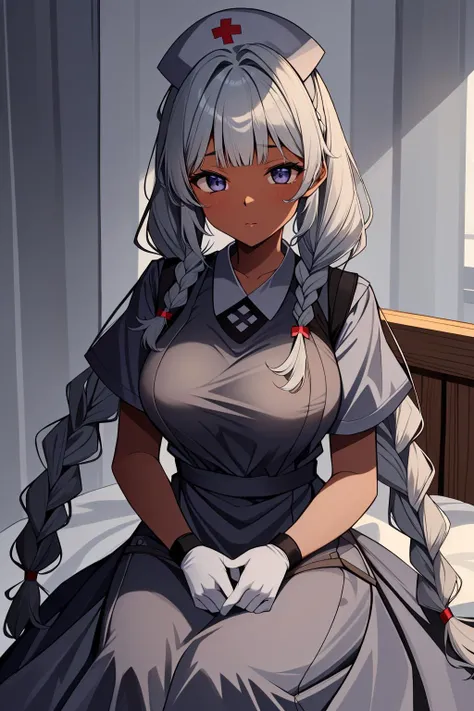 ((masterpiece, best quality, high quality)),1girl,<lora:infirmary_v0.1:0.5> (infirmary), <lora:Fumiko Kubo:0.7> (1girl, 3dcg 04, bangs, blunt bangs, dark skin, dark-skinned female, fumiko kubo, grey eyes, grey hair, medium breasts, side braids, sidelocks, solo, twin braids, very long hair), <lora:0- CL - Long Skirt Nurse V2:0.8> (nurse_uniform_long_3, gloves, apron, nurse cap, nurse,long dress),
