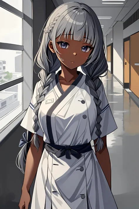 ((masterpiece, best quality, high quality)),1girl, (hospital), <lora:infirmary_v0.1:0.5> infirmary, <lora:Fumiko Kubo:0.7> (1girl, 3dcg 04, bangs, blunt bangs, dark skin, dark-skinned female, fumiko kubo, grey eyes, grey hair, medium breasts, side braids, sidelocks, solo, twin braids, very long hair),