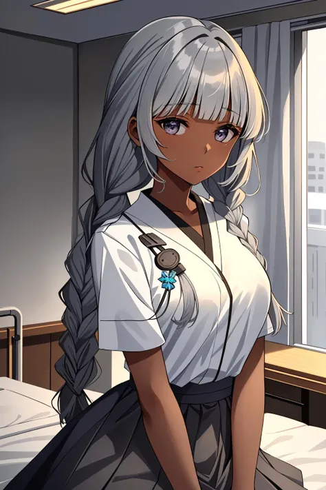 ((masterpiece, best quality, high quality)),1girl, (hospital), <lora:infirmary_v0.1:0.5> infirmary,  <lora:Fumiko Kubo:0.7> (1girl, 3dcg 04, bangs, blunt bangs, dark skin, dark-skinned female, fumiko kubo, grey eyes, grey hair, medium breasts, side braids, sidelocks, solo, twin braids, very long hair),