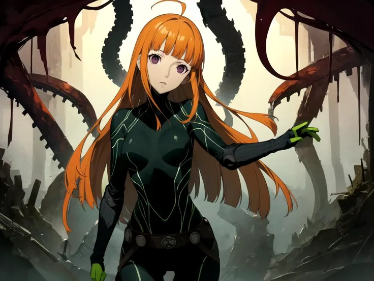 masterpiece, best quality, 1girl, solo, dsoracle, orange hair, long hair, blunt bangs, ahoge, purple eyes, bodysuit, gloves, belt, head tilt, Cthulhu's Lair, eerie, forbidden, ancient, terrifying, tentacles, eldritch horrors, misty
<lyco:dsfutaba-v2_lc_768:1> <lyco:p5-anime_style_lc:0.6>