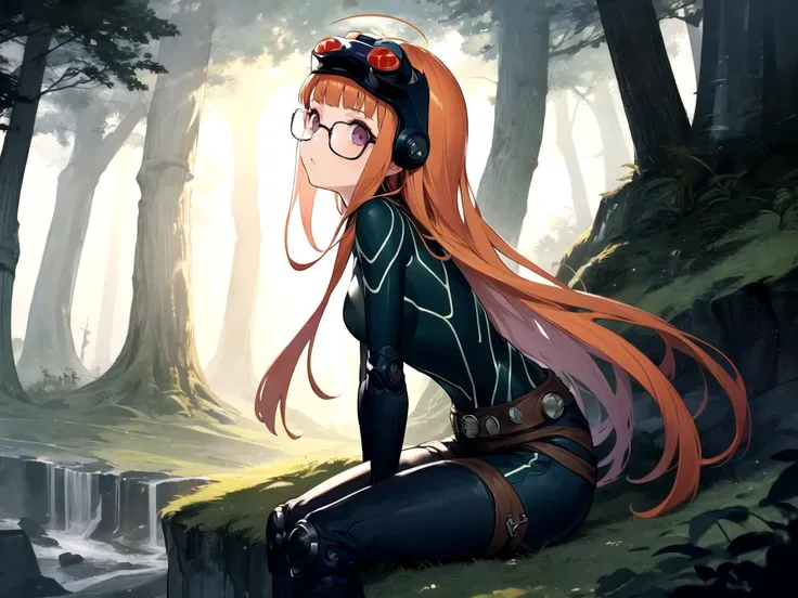masterpiece, best quality, 1girl, solo, dsoracle, orange hair, long hair, blunt bangs, ahoge, purple eyes, glasses, bodysuit, gloves, goggles on head, belt, neon trim, arched back,arm rest, fantasy woodland, morning, misty, whimsical, enchanting
<lyco:dsfutaba-v2_lc_768:1>