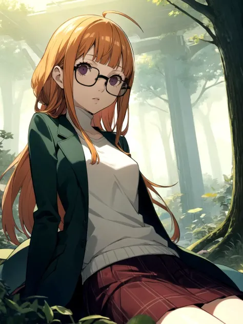masterpiece, best quality, 1girl, solo, dsfutaba, orange hair, long hair, blunt bangs, ahoge, purple eyes, glasses, violet turtleneck, coat, saddle brown plaid skirt,, on stomach, fantasy forest, morning, sunny, mysterious, whimsical
 <lyco:dsfutaba-v2_lc_768:1> <lyco:p5-anime_style_lc:0.6>
