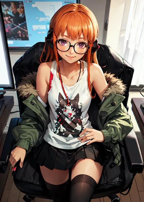 ((masterpiece))((sfw))
(best_quality)(1girl)
(facing_viewer)(from_above)(angle) (close-up)
(blurry_background) (depth_of_field)
(gaming_room) (gaming_chair:1.4)
messy_room,otaku_room
sakura futaba, orange hair,long hair,(glasses),(earphones cover ears)
medium_breasts
(green jacket),thick jacket,fur jacket,open clothes,white vest,bare shoulders,(black stocking),black thighhighs,skirt,high boots
,blush,(light_smile),purple eyes,detailed eye
<lyco:dsfutaba_e5:0.9>