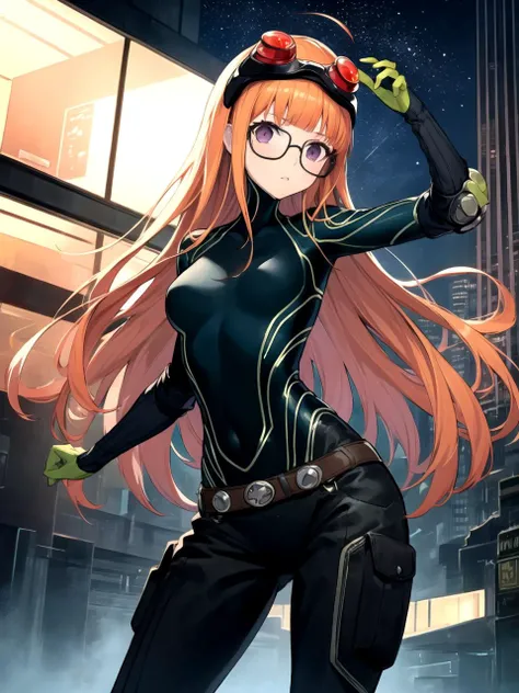 masterpiece, best quality, 1girl, solo, dsoracle, orange hair, long hair, blunt bangs, ahoge, purple eyes, glasses, bodysuit, green gloves, goggles on head, belt, standing, futuristic city, night, cowboy shot
 <lyco:dsfutaba-v2_lc_768:1>