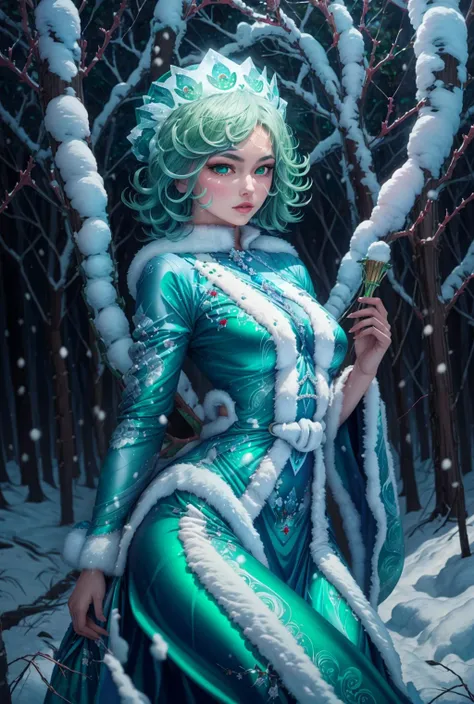 snow maiden,snow maiden|<lora:СнегÑÑоÑка(snow maiden,snow maiden):0.9>, <lora:ÑаÑÑмаки ванпаÑмен(tatsumaki):0.8>,tatsumaki,green hair, small breasts, 1girl, in full growth, best quality, masterpiece, good quality