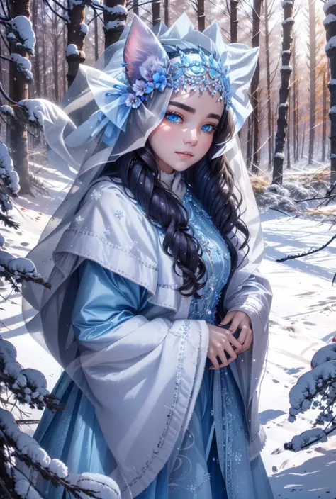 snow maiden,snow maiden|<lora:СнегÑÑоÑка(snow maiden,snow maiden):0.9>, <lora:ÐоÑка-девоÑка из Ñок ÑоÑ(cyan, animal ears, cat ears,tail,blue eyes,black hair,curly hair):0.7>,cyan, animal ears, cat ears,tail,blue eyes,black hair,curly hair, 1girl in full growth, best quality, masterpiece, ultra-detailed, high quality, perfect nose, highly detailed skin, warm skin tone, defiance512, RAW photo, best quality, high resolution, (masterpiece), dreamlike, dreamy, modelshoot style, analog style, tonemapping, photorealistic, professional photography, sharp focus, HDR, 8K resolution, intricate detail, sophisticated detail, hyper detailed, (depth of field), highlight and shadow, volumetric lighting, cinematic bloom, professional light, looking at viewer, blotchy,
