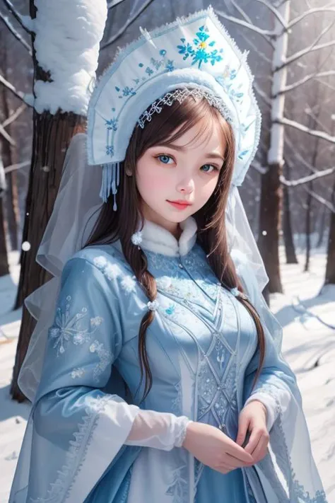 snowmaiden, snow maiden, 1girl, portrait, real photo, headdress, dress pattern <lora:Besedin-snowmaiden:0.8> snowmaiden,snow maiden