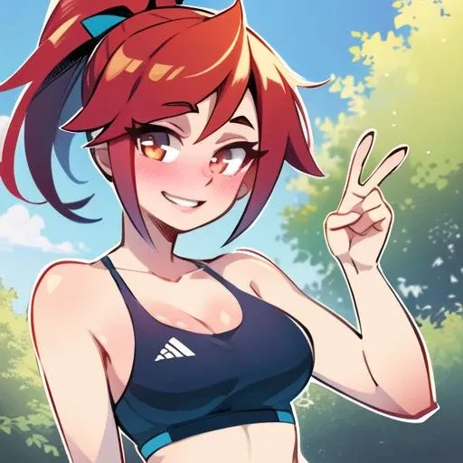 (masterpiece, official art), gerph, 1girl, blush, (red hair), ponytail, smile, v sign, sport bra, park, sunlight, looking at viewer, upper body, outline, <lora:gerph-10_v7:0.8>