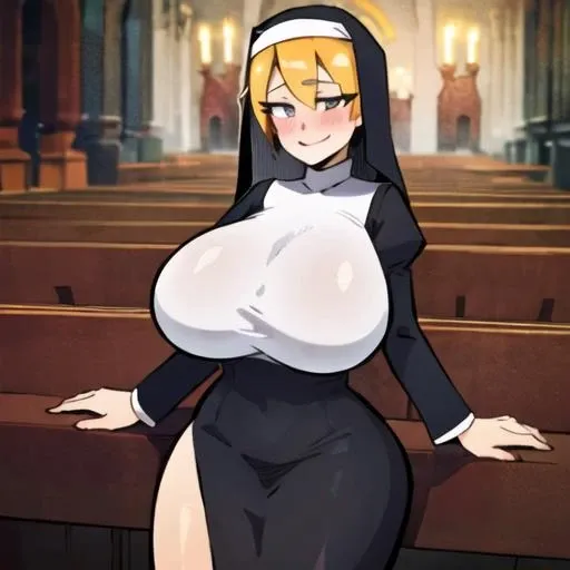 (masterpiece, official art), gerph, 1girl, solo, blush, huge breasts, nun, bedroom eyes, smile, long dress, standing, indoor, church, outline, <lora:gerph-10_v7:0.8>