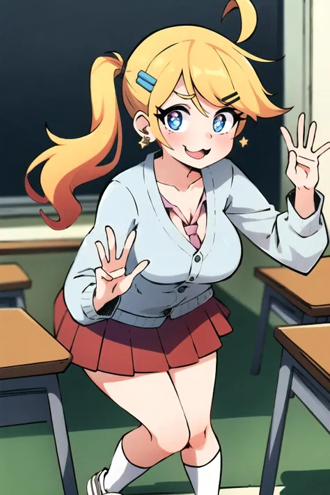 masterpiece, best quality, <lora:add_detail:0>, symbol-shaped pupils, colorful, flat color, colorful, (1girl), (solo), looking at viewer, facing viewer, blush, happy, disheveled hair, gyaru, skinny, large breasts, cleavage, yellow orange hair, ahoge, wavy_side_ponytail, big_wavy_Sidelocks, pink_hair_streak, swept_bangs, pink_bangs_streak, polka_dot_hair bow, hairclips, blue eyes, earrings, long Eyelashes, round shaped pupils, :3, white shirt, loose necktie, oversized cardigan, puffy long sleeves, pleated_skirt, loose_Socks, sneakers, dynamic pose, Gerph, <lora:gerph:0.75>, classroom, indoors,
