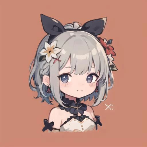 flat avatar, 1girl, solo, soft_smile, hair ornament, upper_body,chibi, simple background,Legendary Gray hair, earrings, x hair ornament,hair flower,  jewelry,pleated dress