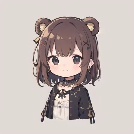 flat avatar, 1girl, solo, soft_smile, hair ornament, upper_body,chibi, simple background,Bear Brown hair, earrings, x hair ornament, jewelry,negligee