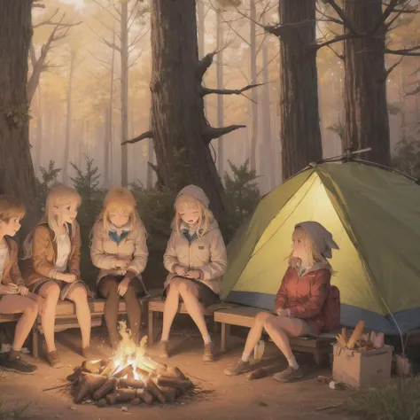 school camping trip, campfire, night time, beautiful blonde girl, group of students, tents, sleeping bags, outdoor activities, nature, trees, stars, marshmallows, hot dogs, snacks, laughter, stories, songs, bonding, memories, fun, adventure.