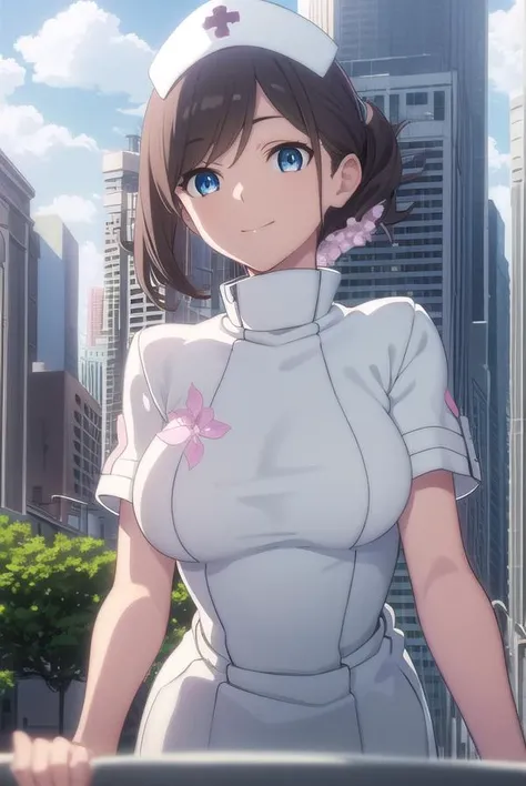 vjulif, <lora:v juli f hnu-lora-nochekaiser:1>,
v juli f, short hair, blue eyes, brown hair, flower, hair flower, smile,
BREAK hat, nurse cap, nurse, short sleeves,
BREAK outdoors, city, sun, clouds,
BREAK looking at viewer, (cowboy shot:1.5),
BREAK <lyco:GoodHands-beta2:1>, (masterpiece:1.2), best quality, high resolution, unity 8k wallpaper, (illustration:0.8), (beautiful detailed eyes:1.6), extremely detailed face, perfect lighting, extremely detailed CG, (perfect hands, perfect anatomy),