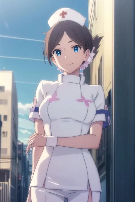 vjulif, <lora:v juli f hnu-lora-nochekaiser:1>,
v juli f, short hair, blue eyes, brown hair, flower, hair flower, smile,
BREAK hat, nurse cap, nurse, short sleeves,
BREAK outdoors, city, sun, clouds,
BREAK looking at viewer, (cowboy shot:1.5),
BREAK <lyco:GoodHands-beta2:1>, (masterpiece:1.2), best quality, high resolution, unity 8k wallpaper, (illustration:0.8), (beautiful detailed eyes:1.6), extremely detailed face, perfect lighting, extremely detailed CG, (perfect hands, perfect anatomy),