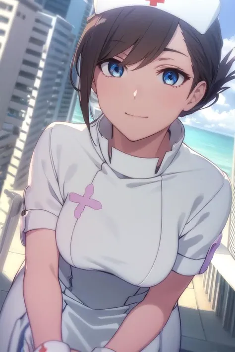 vjulif, <lora:v juli f hnu-lora-nochekaiser:1>,
v juli f, short hair, blue eyes, brown hair, flower, hair flower, smile,
BREAK hat, nurse cap, nurse, short sleeves,
BREAK outdoors, city, sun, clouds,
BREAK looking at viewer, (cowboy shot:1.5),
BREAK <lyco:GoodHands-beta2:1>, (masterpiece:1.2), best quality, high resolution, unity 8k wallpaper, (illustration:0.8), (beautiful detailed eyes:1.6), extremely detailed face, perfect lighting, extremely detailed CG, (perfect hands, perfect anatomy),