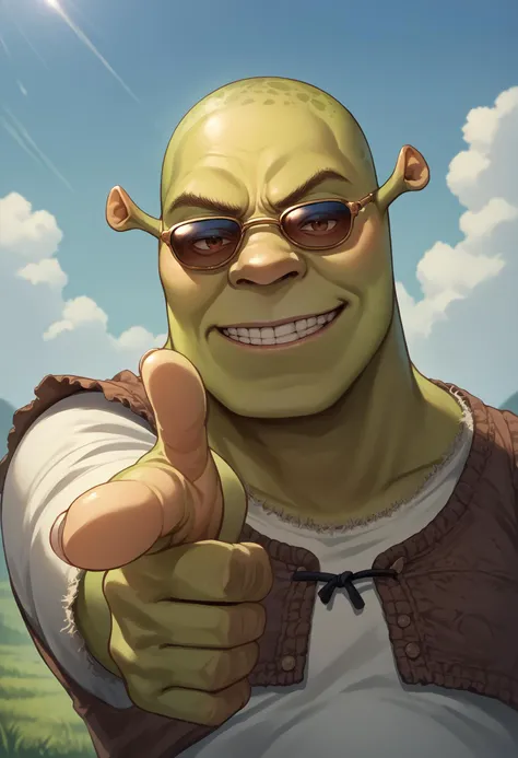 score_9, score_8_up, score_7_up, source_anime, 1boy, finger gun, pointing at viewer, <lora:Fingergun_XLPD:1>, upper body, <lora:Shrek_XLPD:0.8> shrek, green skin, smirk, sunglasses,