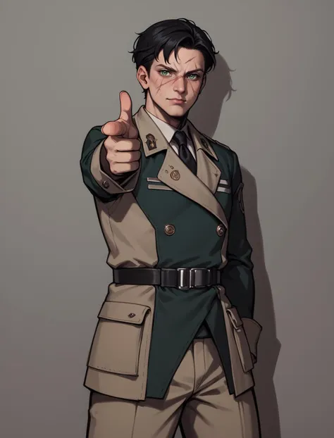 score_9, score_8_up, score_7_up, source_anime BREAK  (1boy),male, male focus,mature, finger gun, pointing at viewer,<lora:Fingergun_XLPD:1.2>, black hair, short hair,scars, green eyes, detailed eyes,angular and chiseled,enclaveuni,wearing uniform, <lora:Fallout_-_Enclave_Officer_UniformPONY:0.7>  ,  night, dim lighting, dark theme, against wall, <lora:Galactic:0.7>