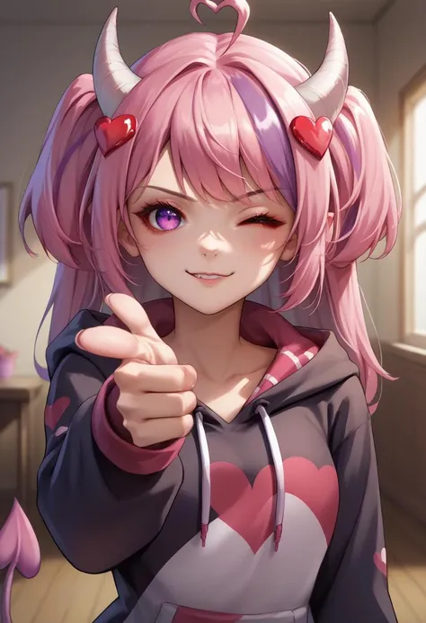 score_9, score_8_up, score_7_up, source_anime, 1girl, finger gun, pointing at viewer, <lora:Fingergun_XLPD:1>, upper body,  <lora:Ironmouse_XLPD:0.8>, IronmouseDefS2, purple eyes, demon horns, demon girl, demon tail, demon wings, heart hair ornament, heart ahoge, twintails, bangs, two side up, long hair, hoodie, black hoodie, spoken heart, wink, indoors, heart, valentine's day, seductive smile,