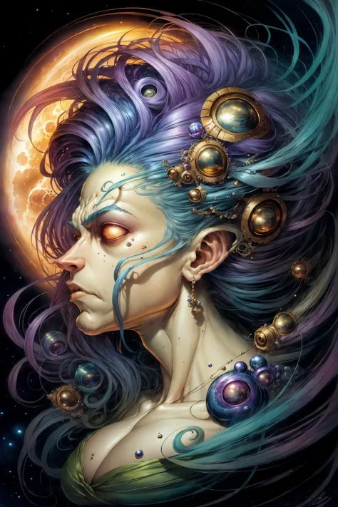 Epic, Joe Madureira-style, sci-fi universe, with dazzling displays of color and light, swirling patterns, and a beautiful woman wearing long, flowing hair, immersed in a world of speed and excess, monsters00d <lora:monsters00d:0.9>