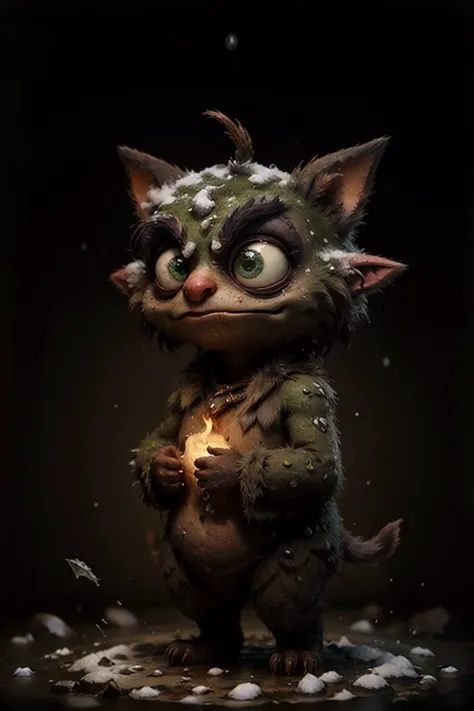 masterpiece, (realistic:1.5), female eighteen, strong, indigenous australian, dark brown eyes, pointed ears, button nose, v-shaped chin, sunken cheeks, cute navel, thin lips, emerald green bob with bangs hair, satisfaction, summoning stance, arms raised, calling upon mystical forces, mage, snow manipulation (creating and controlling snow) , enchantment pose, palms facing outward, imbuing objects with magic, radiant aura, timeless tower of magecraft, asphalt, bonfires, bar lighting, monsters00d, <lora:monsters00d:1>