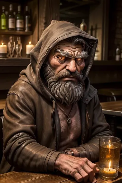 monsters00d, hairy, thick eyebrows, golves, sitting at a table in a bar at night, candlelight, candle on the table, old wood table, old face with many folds, weathered and beaten look, grim expression, glass on the table, dark coat, hood,
 <lora:monsters00d:0.8>