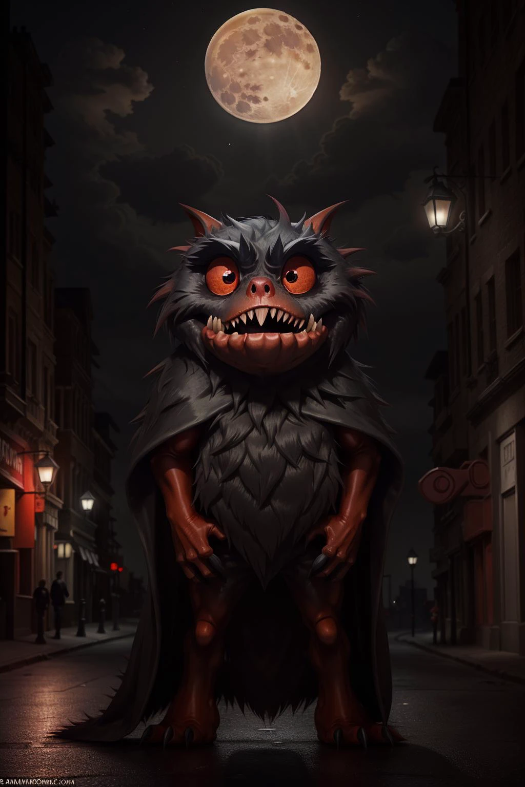 <lora:monsters00d:0.8> monsters00d, sharp teeth, glowing eyes, red eyes, in a dark street at night with a full moon partly covered by clouds, cinematic, fluffy coat,