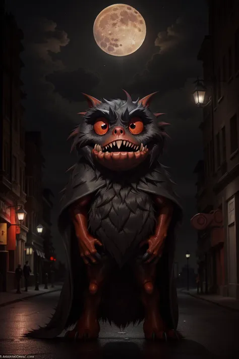 <lora:monsters00d:0.8> monsters00d, sharp teeth, glowing eyes, red eyes, in a dark street at night with a full moon partly covered by clouds, cinematic, fluffy coat,