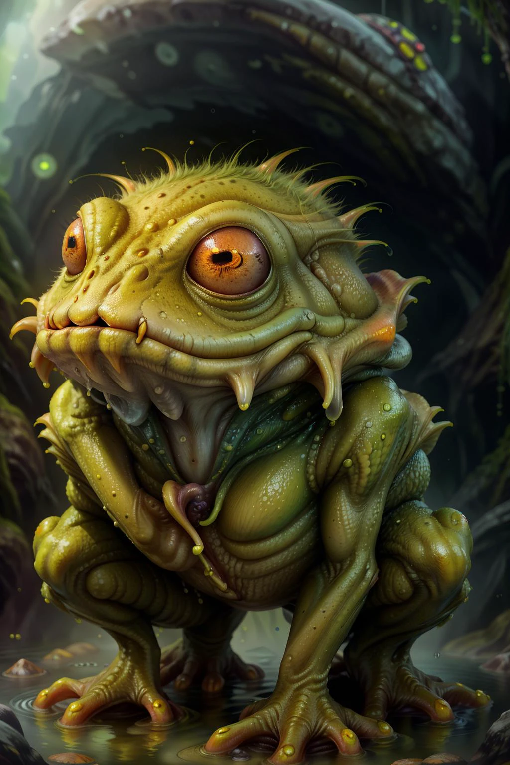 femalien, alien, monsters00d, colorful skin, suit, highly detailed, science fiction, creature, fluffy, hairy, fecial hair, round, sharp teeth, eyelashes, makeup, claws, frog , full body, water planet, wet, warm,
<lora:monsters00d:0.8> <lora:FemAlien:0.8>