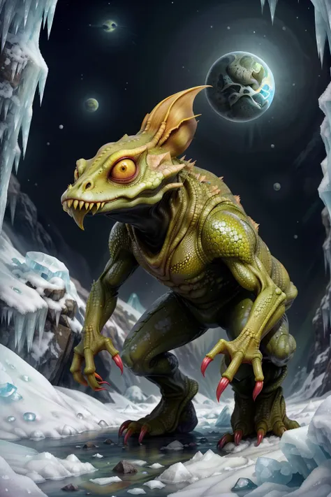 femalien, alien, monsters00d, colorful skin, suit, highly detailed, science fiction, creature, reptile, sharp teeth, eyelashes, makeup, claws, scales, full body, moving rocks on a strange planet, ice, snow,
 <lora:monsters00d:0.8>  <lora:FemAlien:0.8>